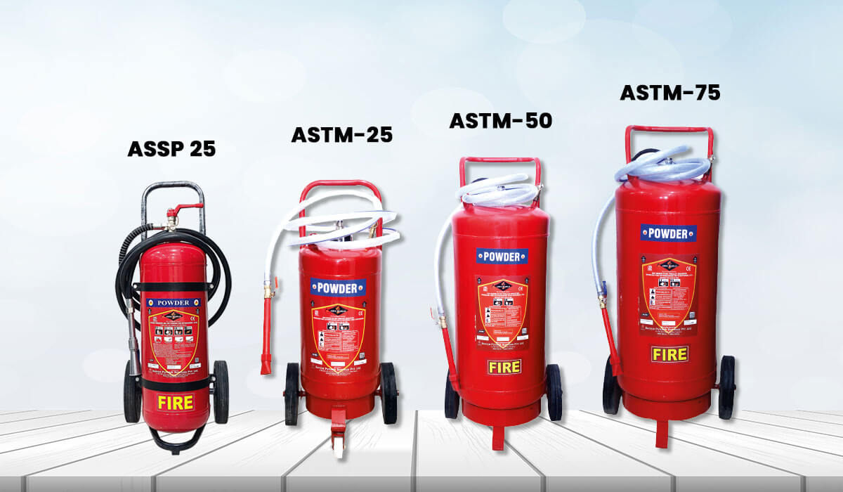 ABC powder trolley-based fire extinguisher designed for effective firefighting in various environments.